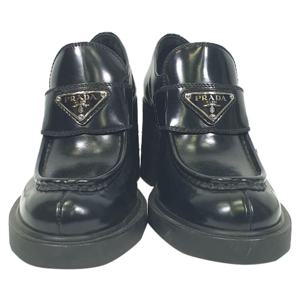 Prada Chocolate High-Heeled Loafers in Black Leather - Picture 2 of 12